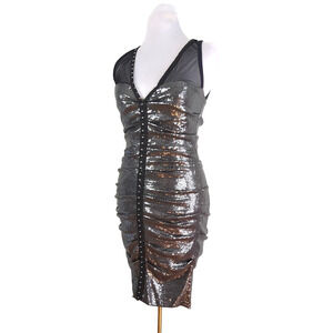 Nicole Miller Sequin Dress Knee Sheath Bodycon Cocktail New Years Eve Silver 8